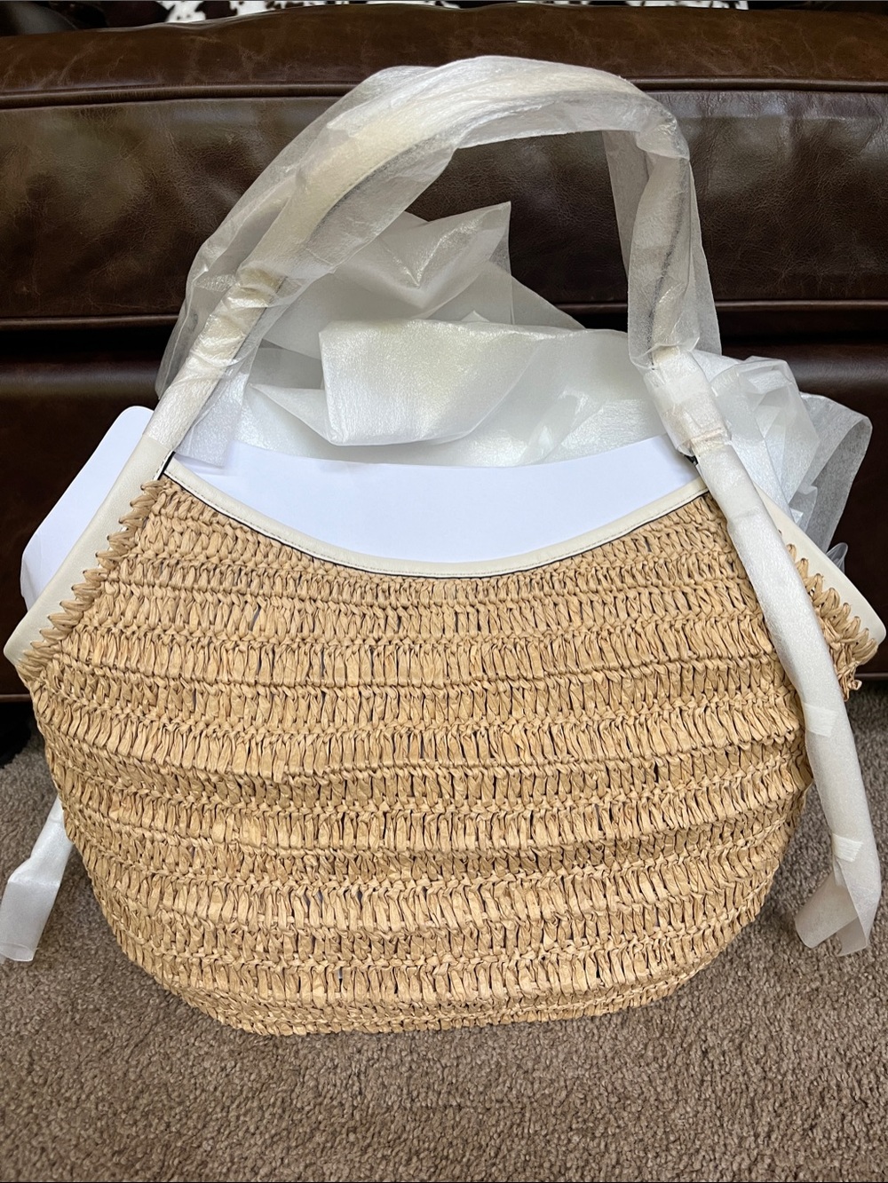kate spade Natural Straw Tote with White Trim NWT